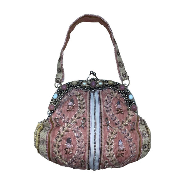 Vintage Christiana Pink Satin Lining Beaded Embroidered Metal Frame Handbag Sz S