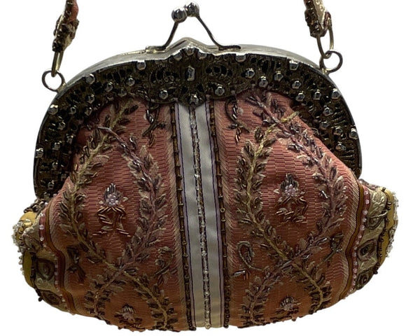 Vintage Christiana Pink Satin Lining Beaded Embroidered Metal Frame Handbag Sz S