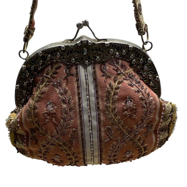 Vintage Christiana Pink Satin Lining Beaded Embroidered Metal Frame Handbag Sz S