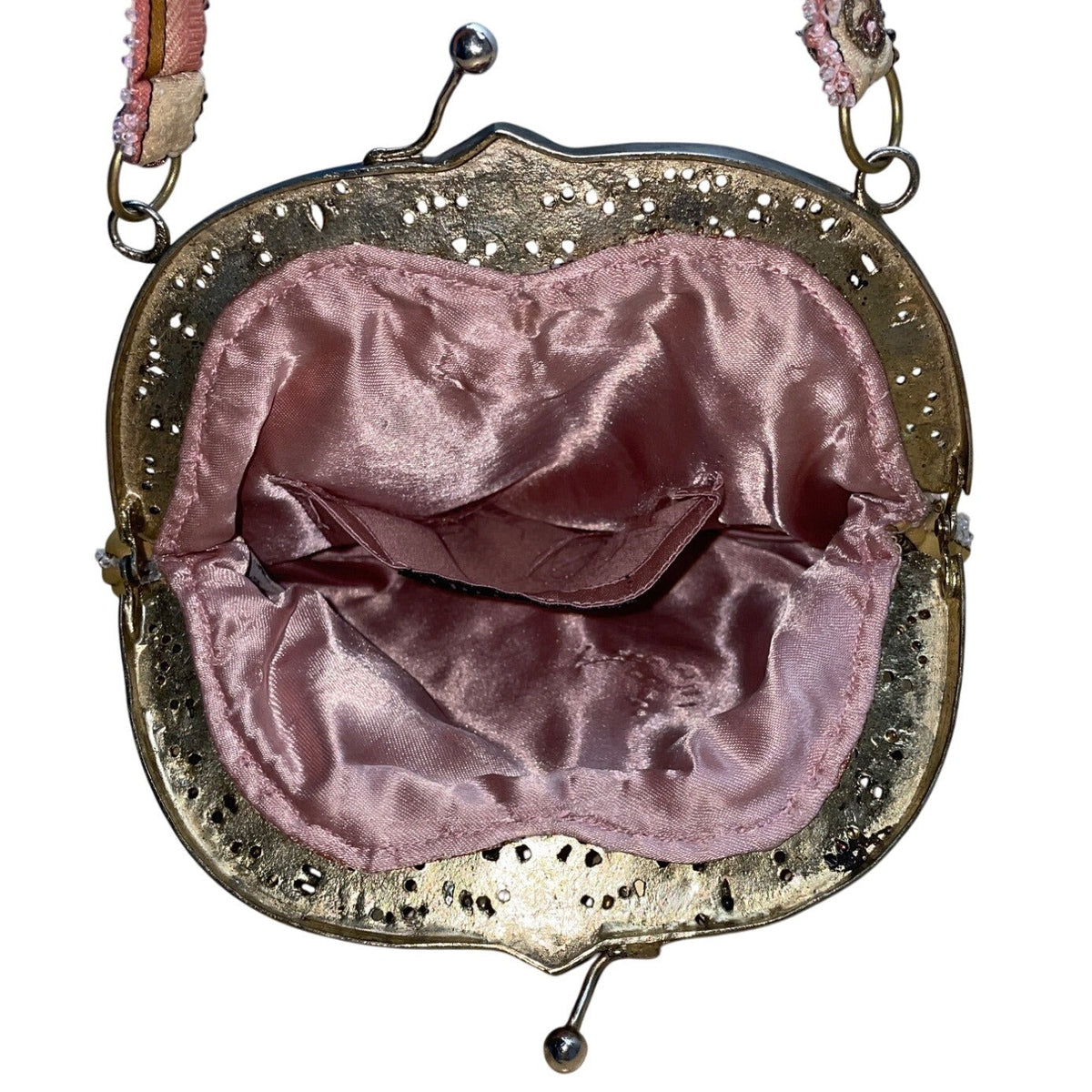 Vintage Christiana Pink Satin Lining Beaded Embroidered Metal Frame Handbag Sz S