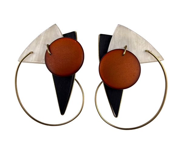 Modern Abstract Gold Tone Red Lucite Brass Alloy Circle Hoop Earrings Geometric