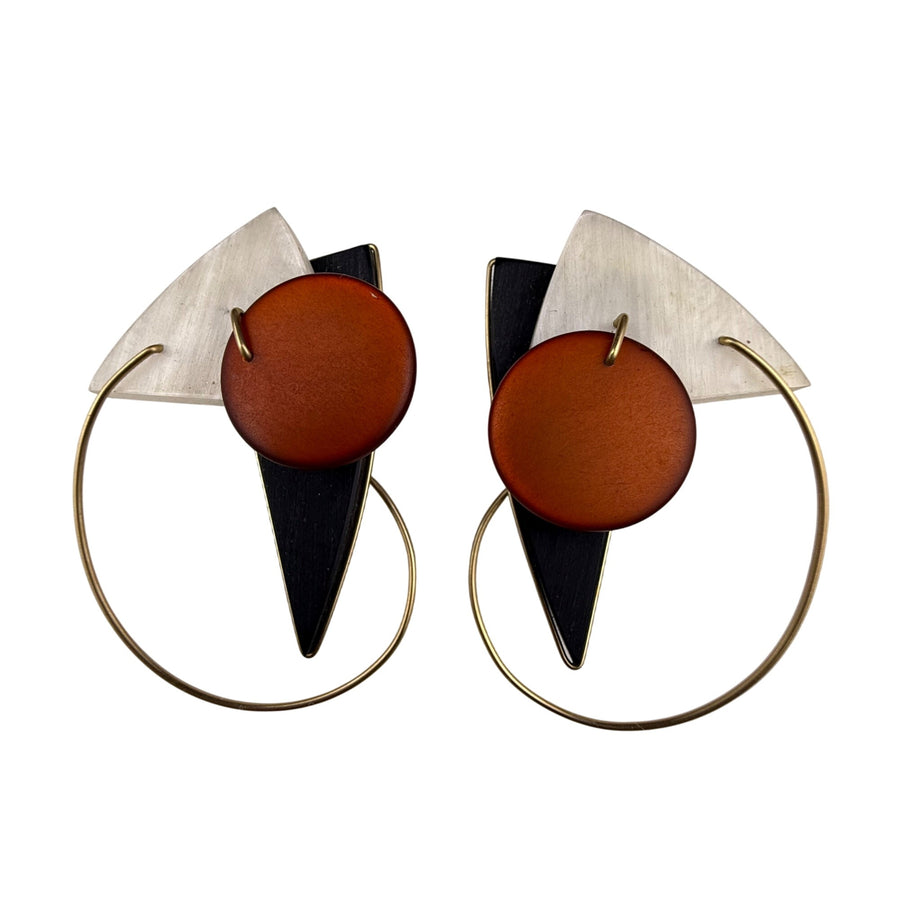 Modern Abstract Gold Tone Red Lucite Brass Alloy Circle Hoop Earrings Geometric