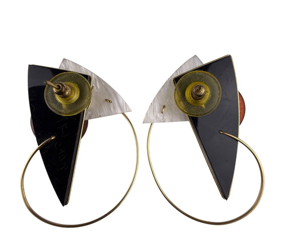 Modern Abstract Gold Tone Red Lucite Brass Alloy Circle Hoop Earrings Geometric