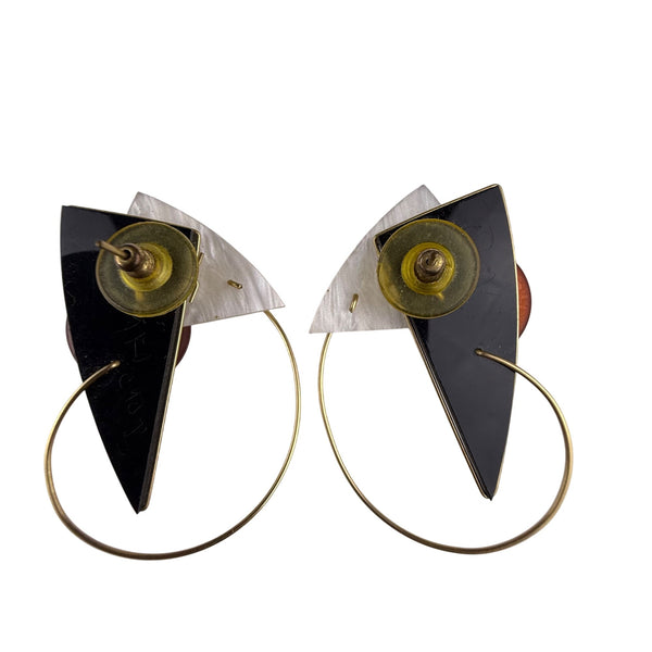 Modern Abstract Gold Tone Red Lucite Brass Alloy Circle Hoop Earrings Geometric