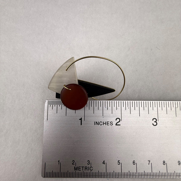 Modern Abstract Gold Tone Red Lucite Brass Alloy Circle Hoop Earrings Geometric