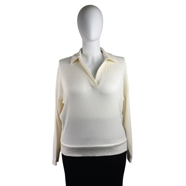 Loft Women's Ivory Collared Waffle Knit Long Sleeve Shirt XL - New