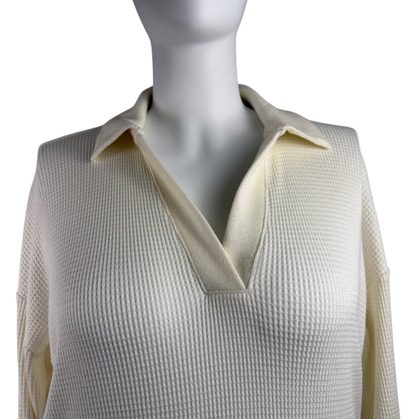 Loft Women's Ivory Collared Waffle Knit Long Sleeve Shirt XL - New