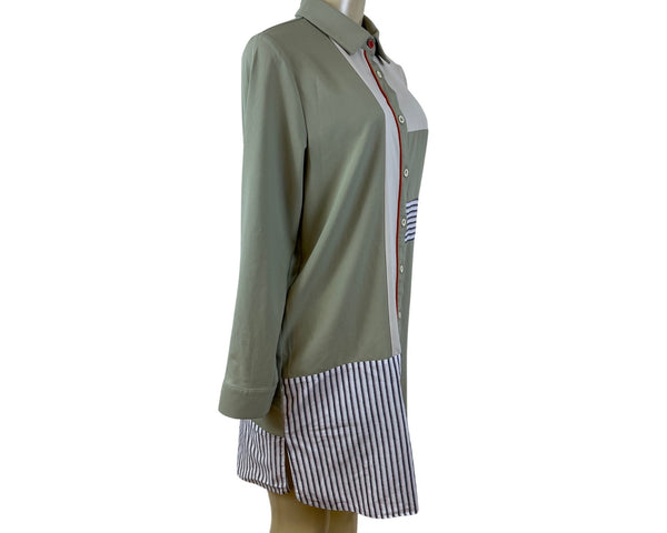 Kayra Womens Green Multicolor Striped Shirt Dress Long Sleeve Size 38