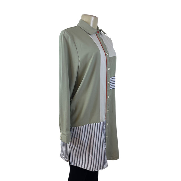 Kayra Womens Green Multicolor Striped Shirt Dress Long Sleeve Size 38