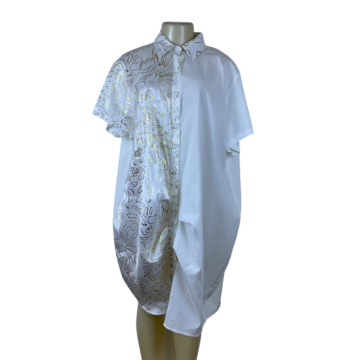 Beulah Women’s White/Gold Short Sleeve Asymmetrical Shirt Dress Size M/L - New