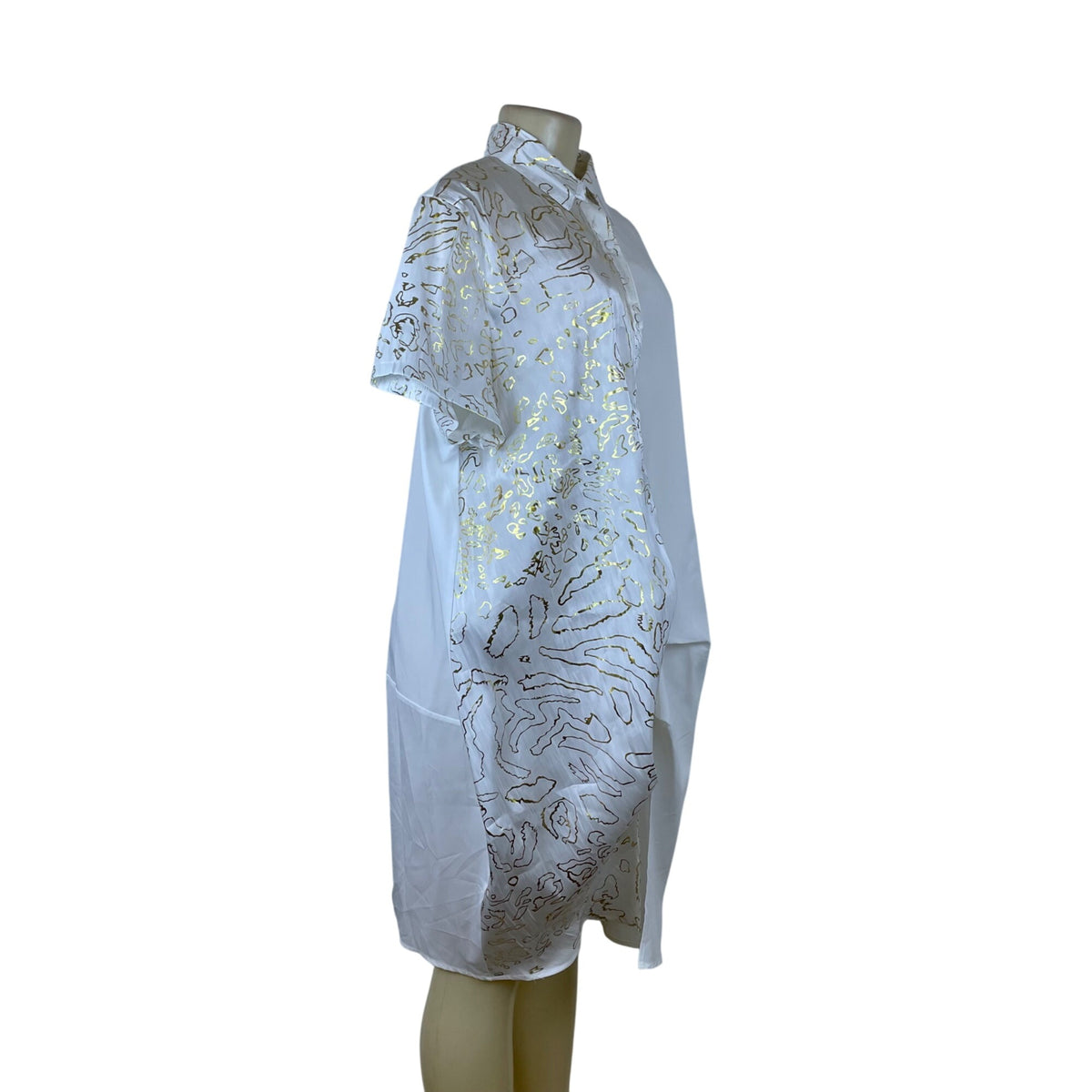 Beulah Women’s White/Gold Short Sleeve Asymmetrical Shirt Dress Size M/L - New