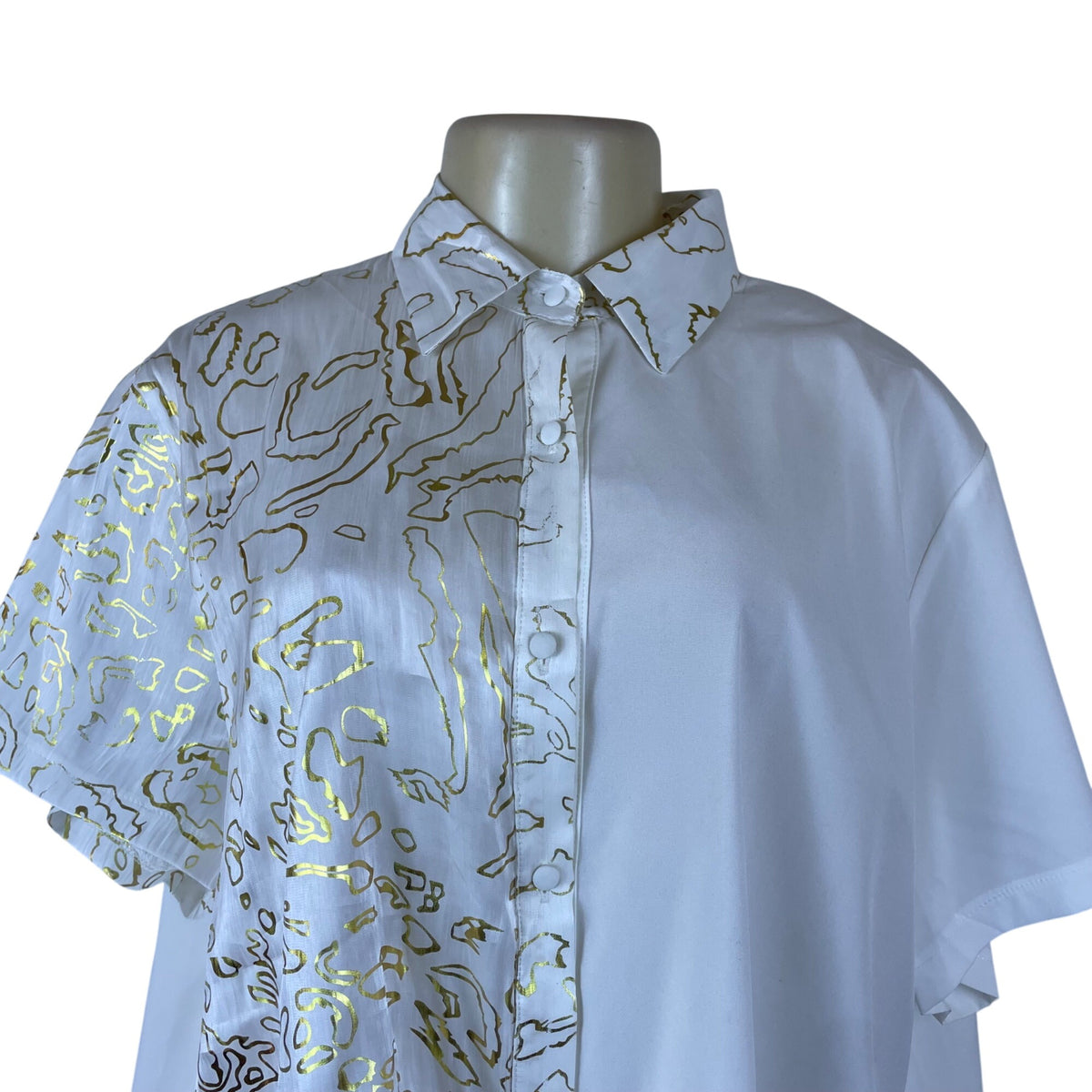 Beulah Women’s White/Gold Short Sleeve Asymmetrical Shirt Dress Size M/L - New