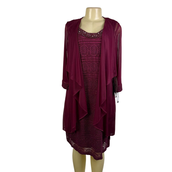 R&M Richards Womens Burgundy Lace 2-Piece Dress & Jacket Beaded Neckline Size 12