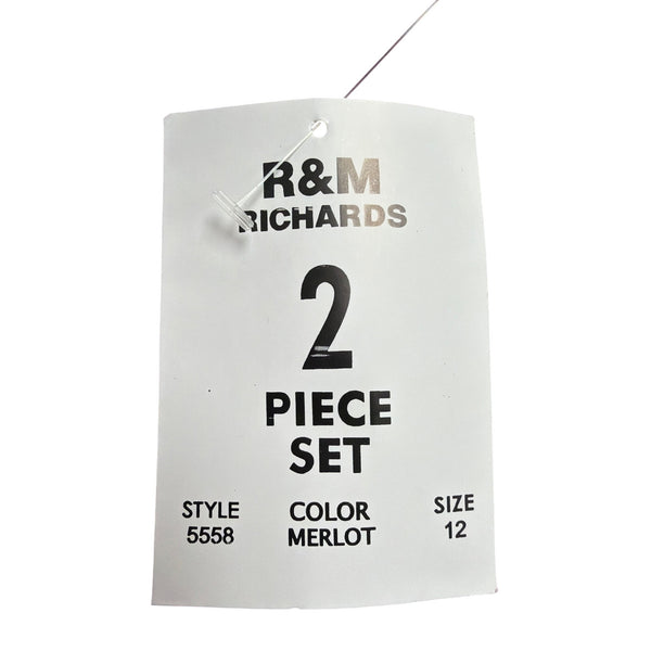 R&M Richards Womens Burgundy Lace 2-Piece Dress & Jacket Beaded Neckline Size 12