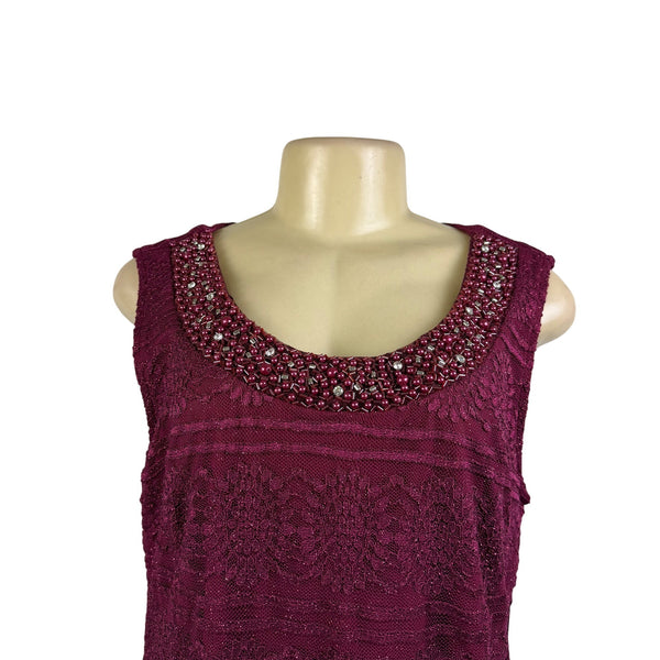R&M Richards Womens Burgundy Lace 2-Piece Dress & Jacket Beaded Neckline Size 12