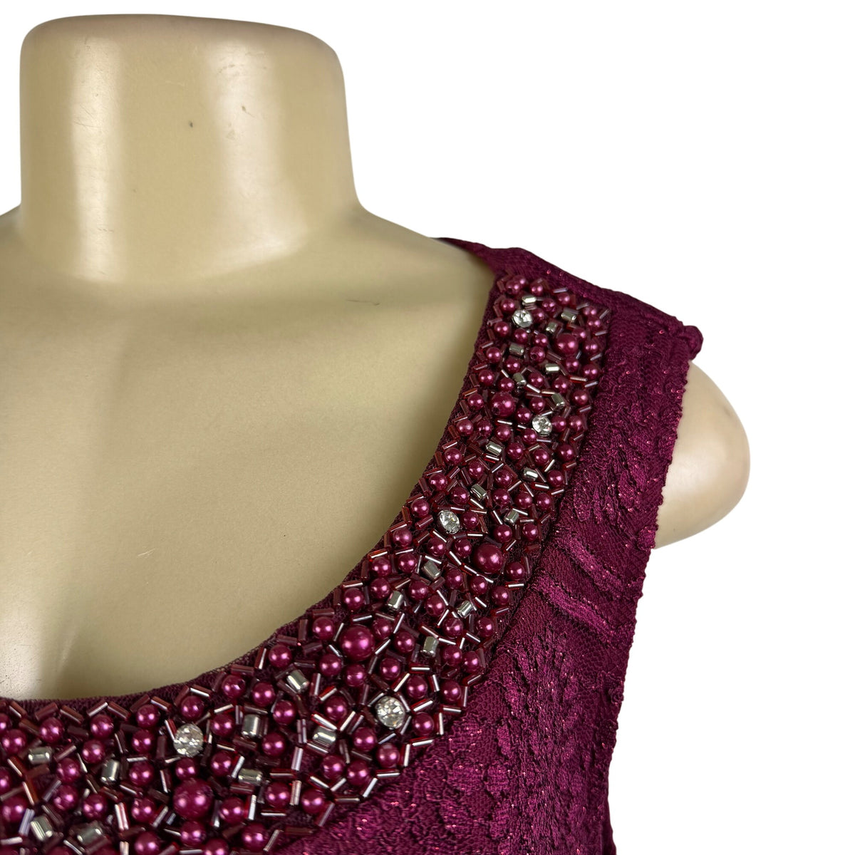 R&M Richards Womens Burgundy Lace 2-Piece Dress & Jacket Beaded Neckline Size 12