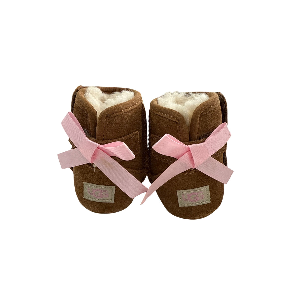 Ugg Baby Brown Suede Boots With Pink Bow & Shearling Lining Size 2 Infant Shoes
