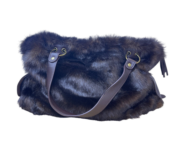 Donna Salyers Womens Brown Faux Fur Tote Bag With Leather Strap Soft Fabric Lining