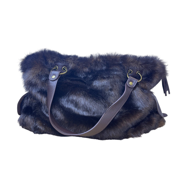 Donna Salyers Womens Brown Faux Fur Tote Bag With Leather Strap Soft Fabric Lining