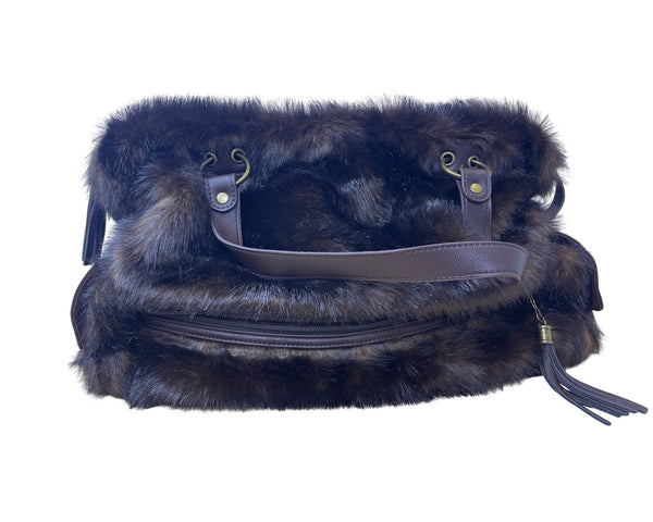 Donna Salyers Womens Brown Faux Fur Tote Bag With Leather Strap Soft Fabric Lining