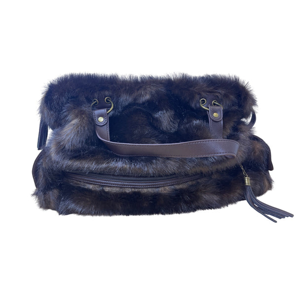 Donna Salyers Womens Brown Faux Fur Tote Bag With Leather Strap Soft Fabric Lining