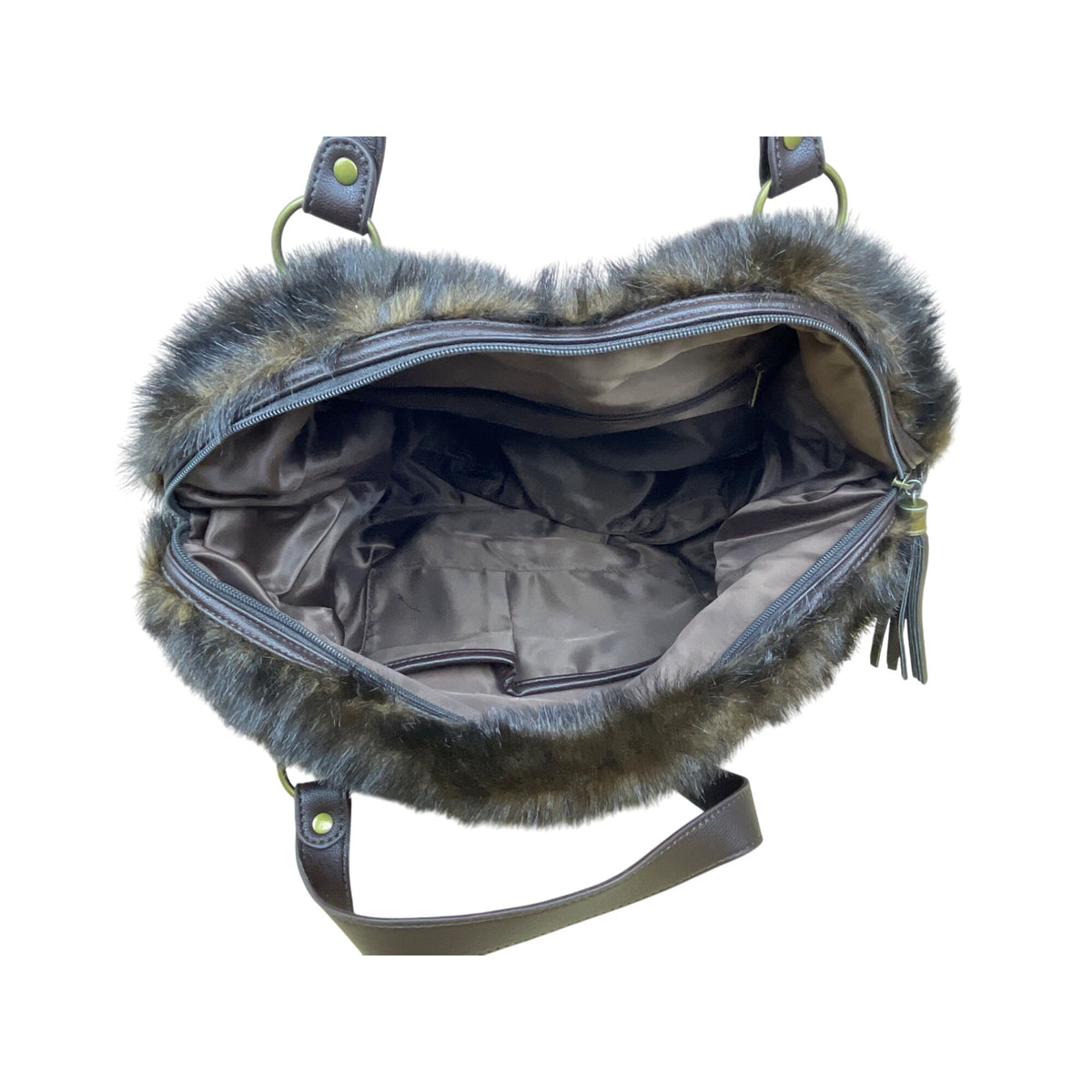 Donna Salyers Womens Brown Faux Fur Tote Bag With Leather Strap Soft Fabric Lining