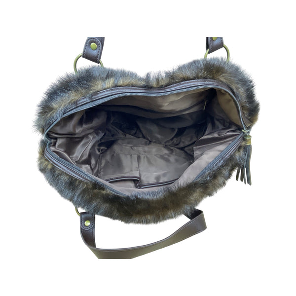 Donna Salyers Womens Brown Faux Fur Tote Bag With Leather Strap Soft Fabric Lining