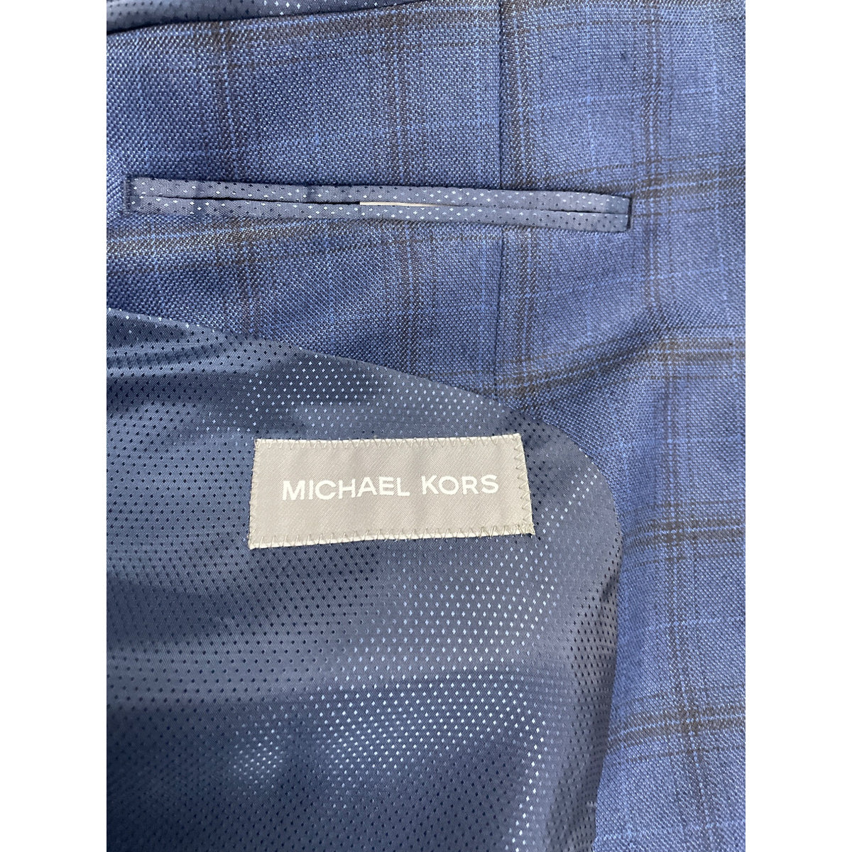 Michael Kors Mens Blue Plaid Polyester Rayon Blazer Jacket 44L 2-Button