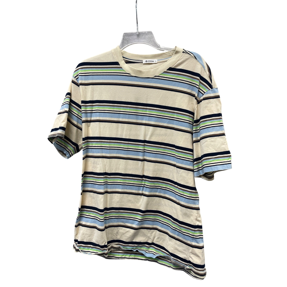 Kliegou Men’s Beige Blue & Green Cotton Striped Short-Sleeve T-Shirt Large