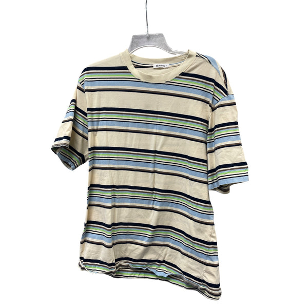 Kliegou Men’s Beige Blue & Green Cotton Striped Short-Sleeve T-Shirt Large