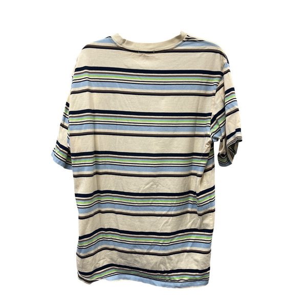 Kliegou Men’s Beige Blue & Green Cotton Striped Short-Sleeve T-Shirt Large