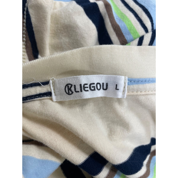Kliegou Men’s Beige Blue & Green Cotton Striped Short-Sleeve T-Shirt Large