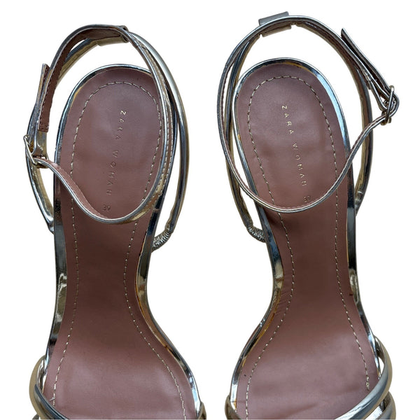 Zara Woman Metallic Gold Ankle Strap Heeled Sandals Size US 8