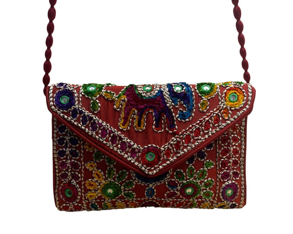 Handmade Embroidered Multicolor Strap Fold-Over Closure Shoulder Crossbody Bag