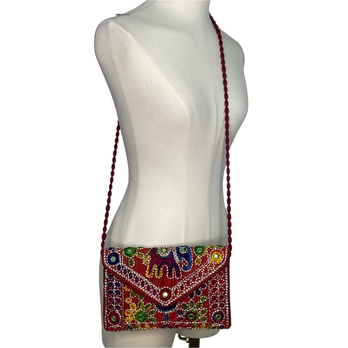 Handmade Embroidered Multicolor Strap Fold-Over Closure Shoulder Crossbody Bag