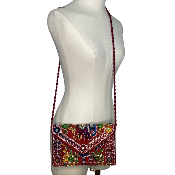 Handmade Embroidered Multicolor Strap Fold-Over Closure Shoulder Crossbody Bag