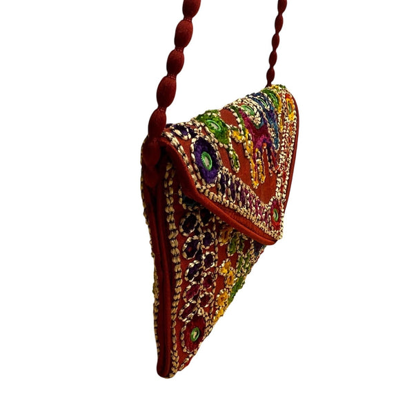 Handmade Embroidered Multicolor Strap Fold-Over Closure Shoulder Crossbody Bag