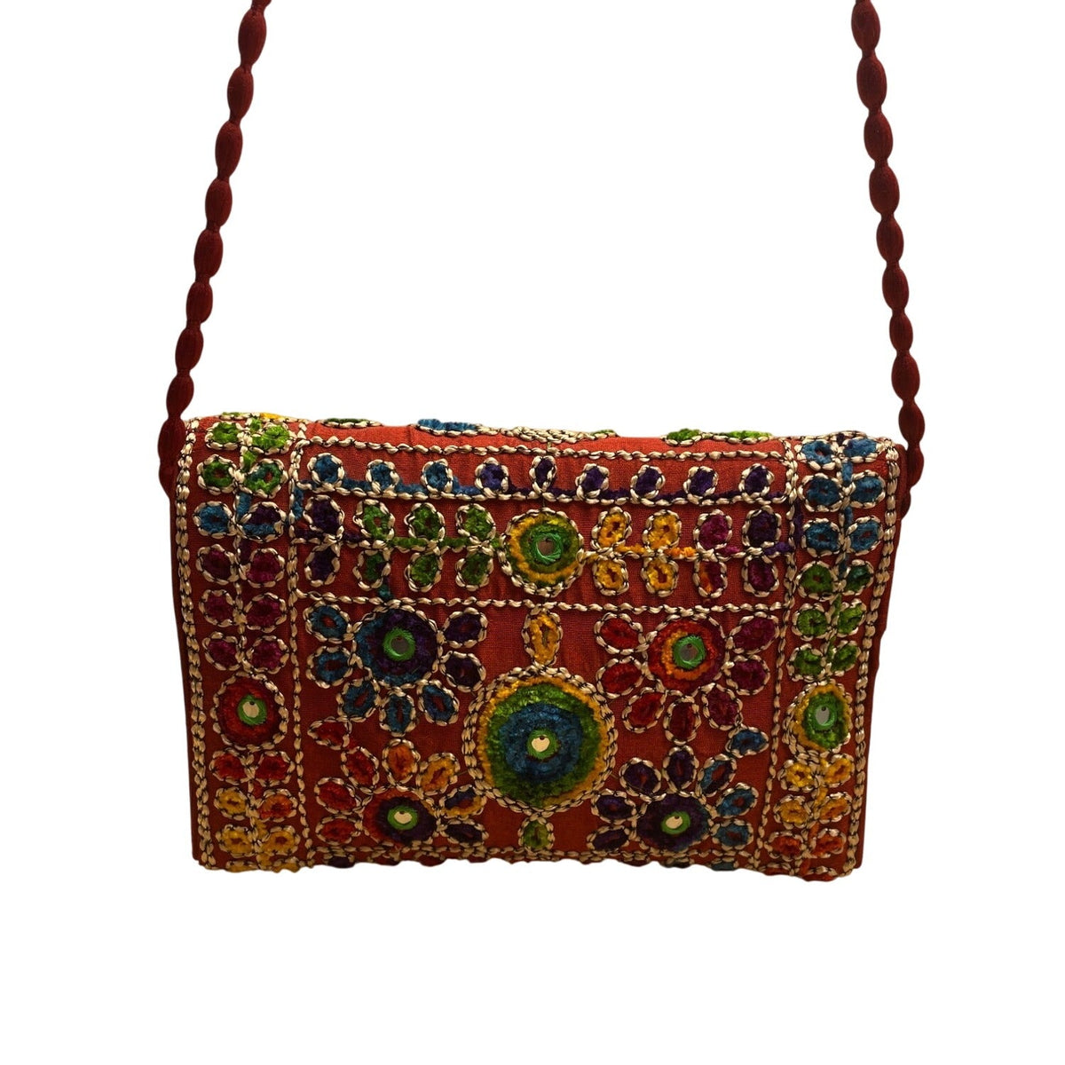 Handmade Embroidered Multicolor Strap Fold-Over Closure Shoulder Crossbody Bag