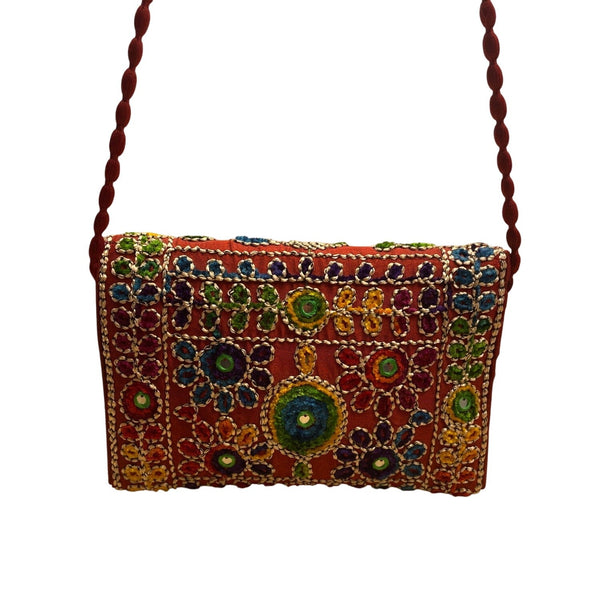 Handmade Embroidered Multicolor Strap Fold-Over Closure Shoulder Crossbody Bag