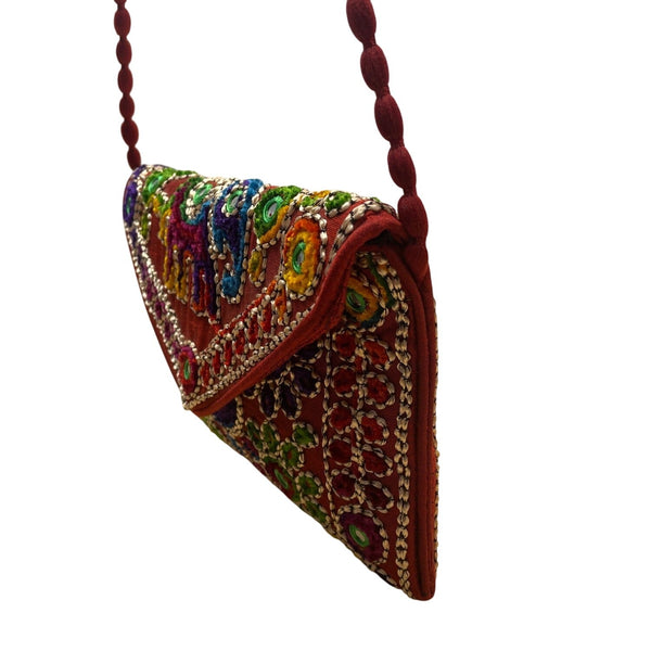 Handmade Embroidered Multicolor Strap Fold-Over Closure Shoulder Crossbody Bag