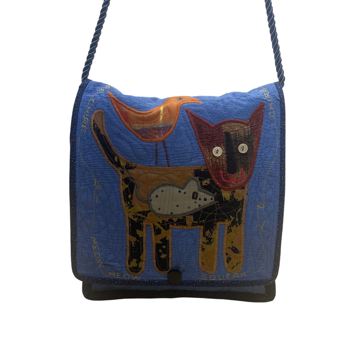 Whimsical Handcrafted Blue Cat Bird & Mouse Applique Quilted Crossbody Bag