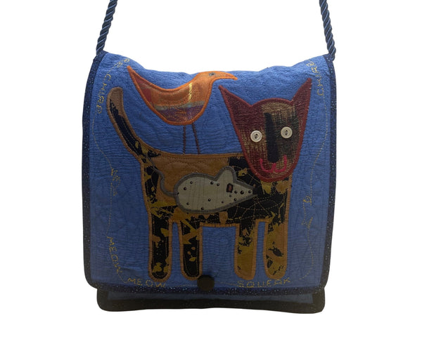 Whimsical Handcrafted Blue Cat Bird & Mouse Applique Quilted Crossbody Bag