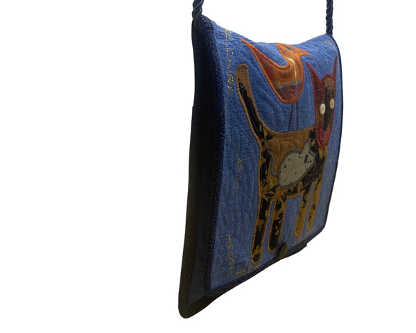 Whimsical Handcrafted Blue Cat Bird & Mouse Applique Quilted Crossbody Bag