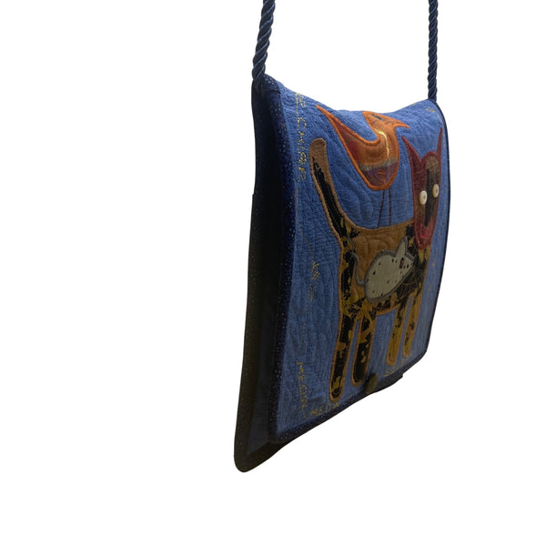Whimsical Handcrafted Blue Cat Bird & Mouse Applique Quilted Crossbody Bag