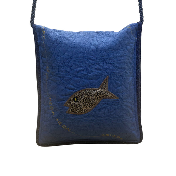 Whimsical Handcrafted Blue Cat Bird & Mouse Applique Quilted Crossbody Bag