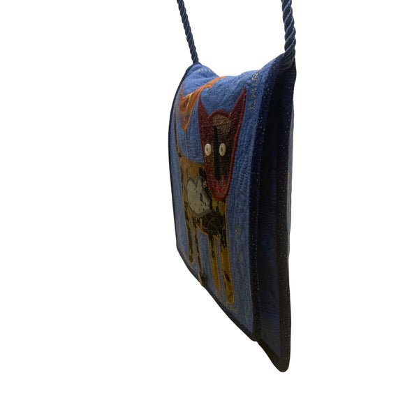 Whimsical Handcrafted Blue Cat Bird & Mouse Applique Quilted Crossbody Bag