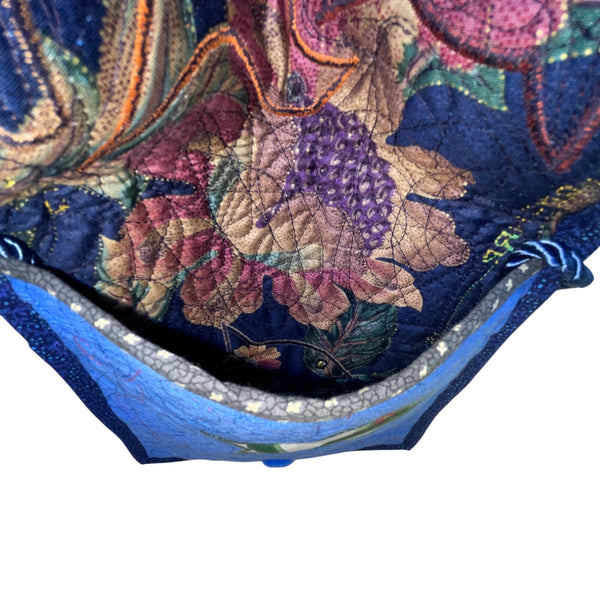 Whimsical Handcrafted Blue Cat Bird & Mouse Applique Quilted Crossbody Bag