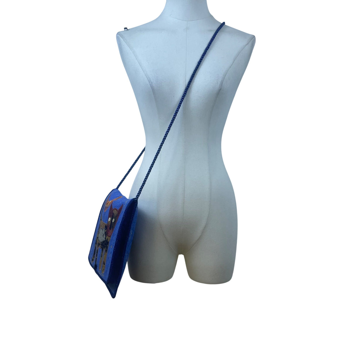 Whimsical Handcrafted Blue Cat Bird & Mouse Applique Quilted Crossbody Bag