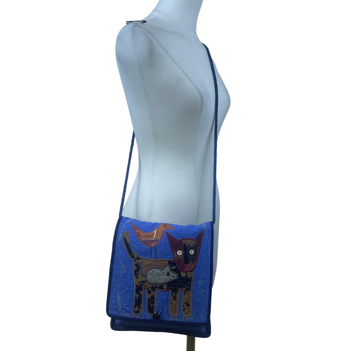 Whimsical Handcrafted Blue Cat Bird & Mouse Applique Quilted Crossbody Bag