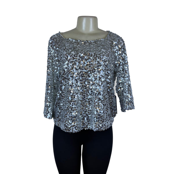 Jennifer Lopez Women’s Silver Sequined Blouse L Glamorous Party Top - New